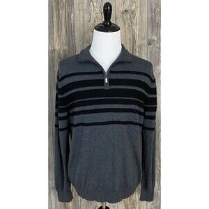 Neve Men's Sweater Size XXL 100% Wool 1/4 Zip Pullover Grey/Black‎ Stripe
